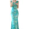 Mint Green Fishtail Maxi Dress with Butterfly Print and Pleated Waist