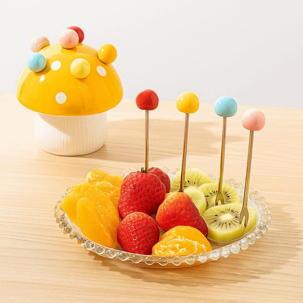 Creative Mushroom Fruit Fork Anti-scald Cute Toothpick with Holder  Household