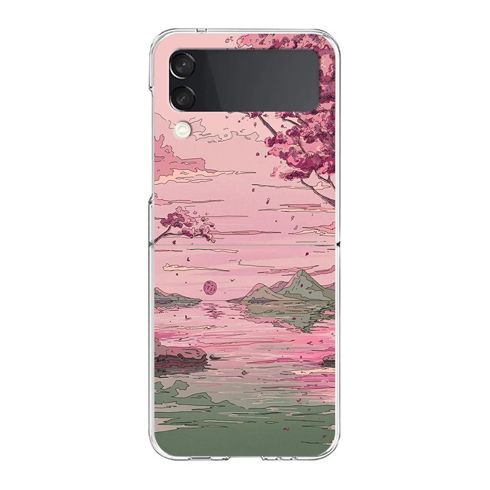 INS Korean Sunset Scenery Case For Samsung Galaxy Z Flip 3 4 5G Hard HD Folding PC Phone Cases For Samsung Z Flip3 Clear Cover