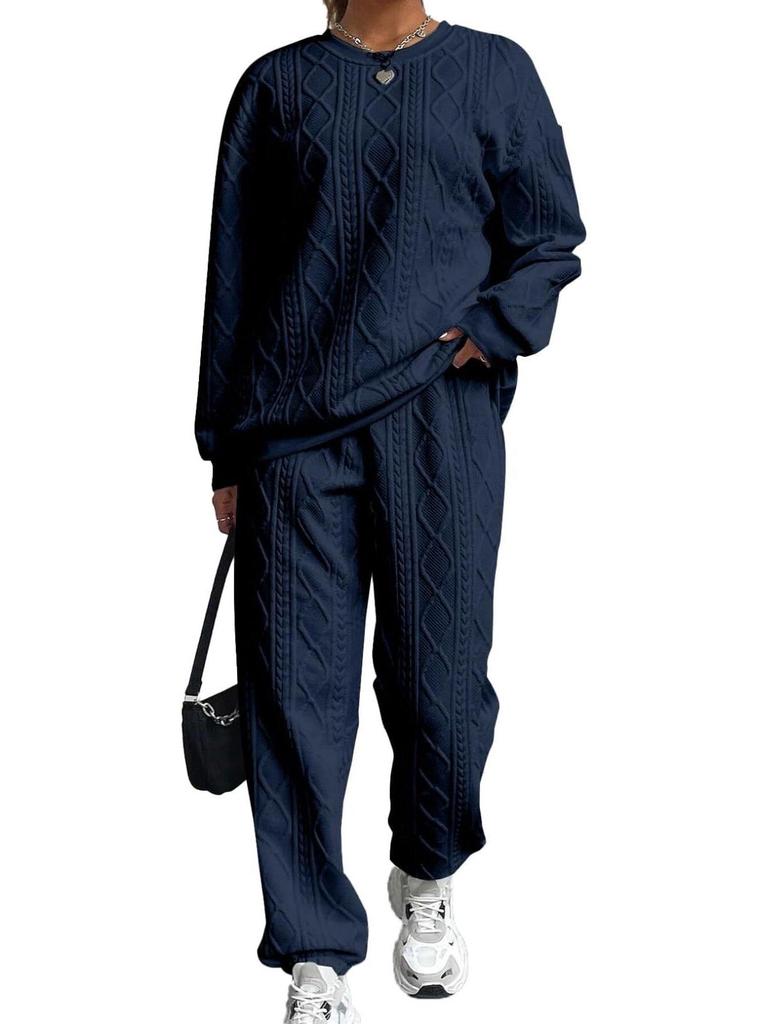 2025 Women's Cable Knit Patchwork Crew Neck Top & Jogger Set - Spring/Autumn