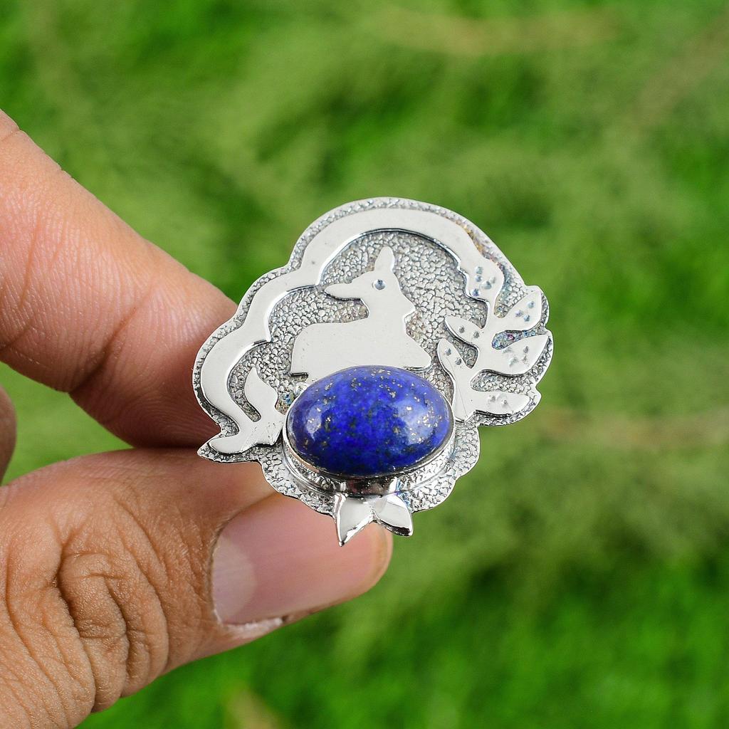 Sterling Silver Oval Lapis Lazuli Gemstone Throat Chakra Bezel Wife Ring Jewelry
