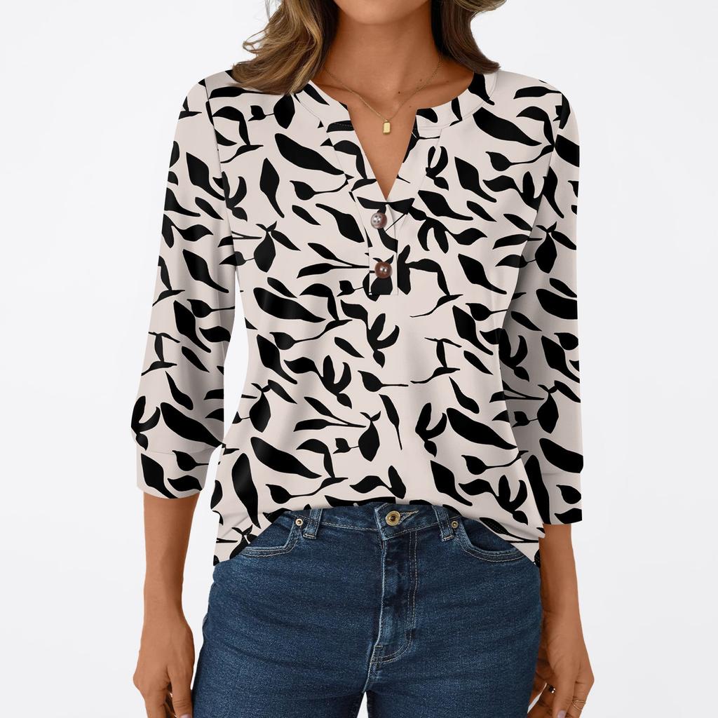 Damesmode Casual 3/4 Mouw T-shirt Prints V-hals Knoop Top