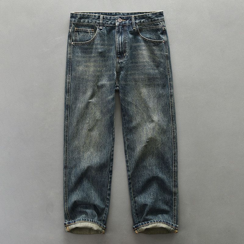 Autumn and Winter Japan fashion Hong Kong Style Jeans Men's Loose High Street Straight Retro Distressed Washed Heavy Cargo Long Pants