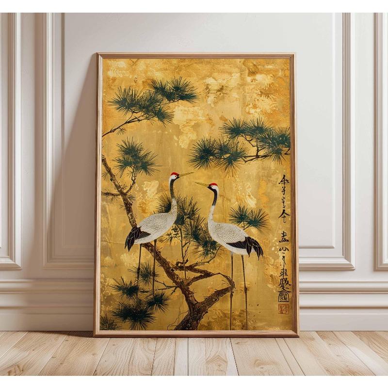Japanische Elegante Kraniche Natur Poster Fliegende Kraniche in Gold und Weiß Leinwandbild Asiatische Wandkunst Wohnzimmer Heimdekoration