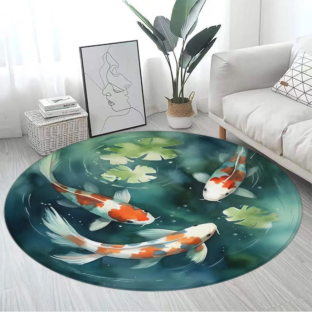 Japanese Style Round Carpet Mountain Cherry Blossom Koi Octopus Lotus Sea Waves Ink Art Living Room Home Decor Mats Floor Rugs