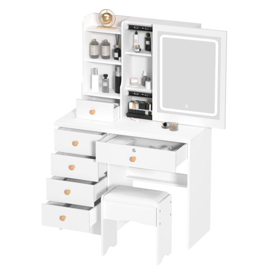 Schminktisch mit einstellbarer 3-Farben-Helligkeitsanpassung, verschiebbarem beleuchtetem Spiegel, Frisiertisch-Set mit 6 Schubladen und mehreren versteckten Ablageregalen
