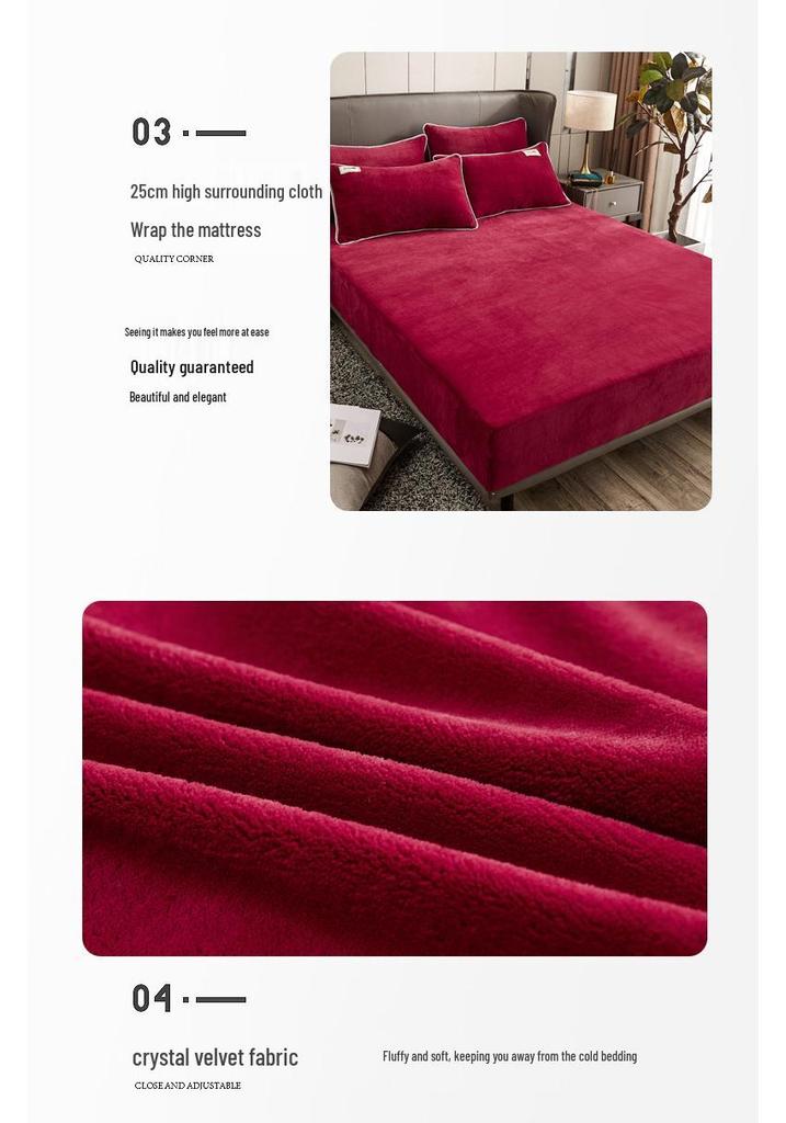 Solid Color Crystal Velvet Fitted Sheet Set - Single Piece Bed Sheet with Mattress Protector