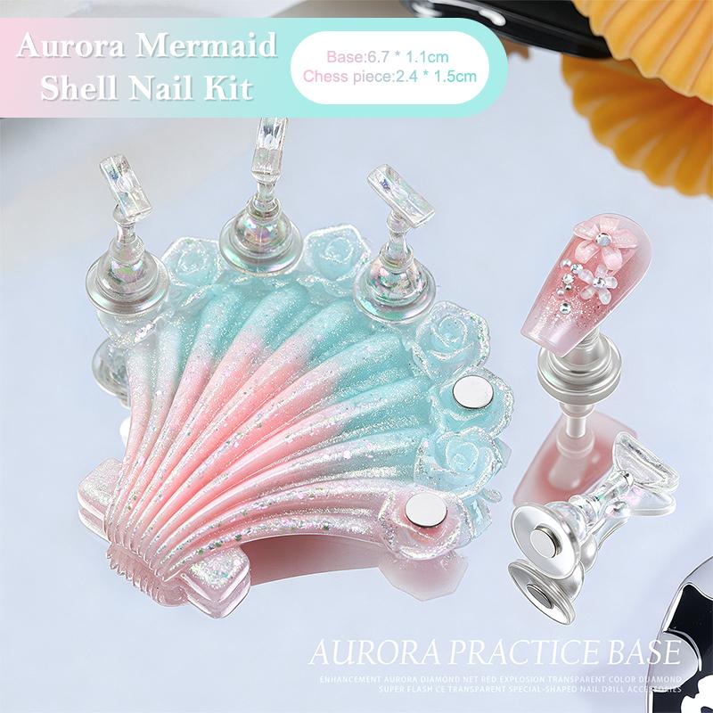1Set Mermaid Shells Laser Aurora Ice Penetration Magnetic Nail Holder False Tips Practice Stand Nail Art Display Salon Diy Tools