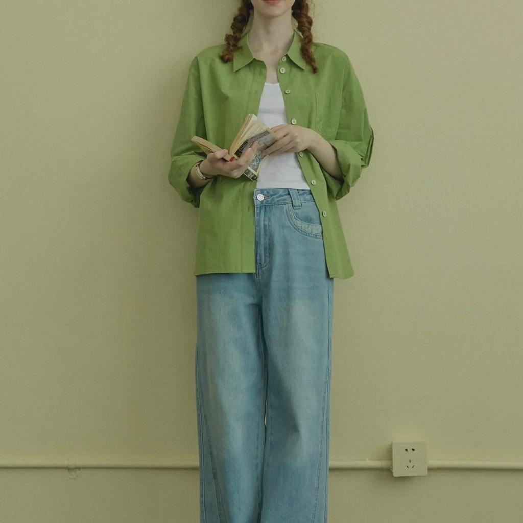 Women's Green Retro Embroidered Shirt - High-End Spring/Summer Commuter Blouse