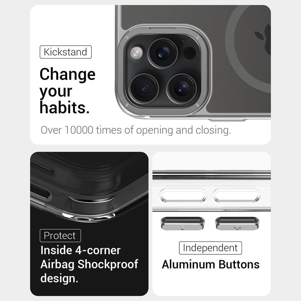 For iPhone 16 Pro Magnetic Case Shockproof TPU+PC Phone Back Cover with Metal Lens Kickstand
