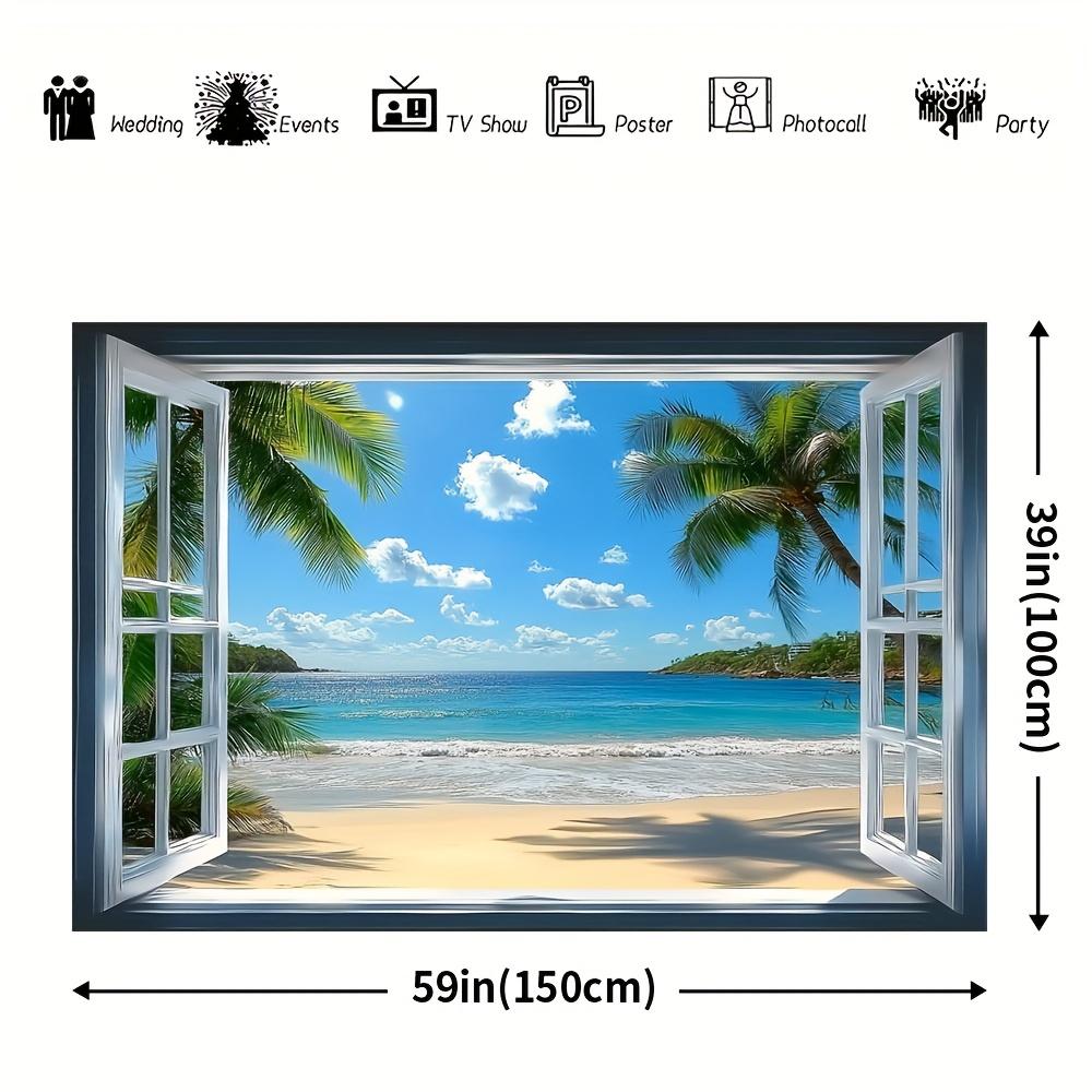1 photography background: Tropical island background window view coconut trees waves beach background decoration 100x150cm