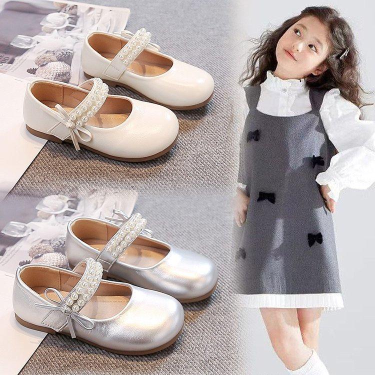 Little Girls Leather Shoes Soft Kids Mary Janes with Beading Beaded Chic Princess Sweet Simple Children Flats White for Wedding