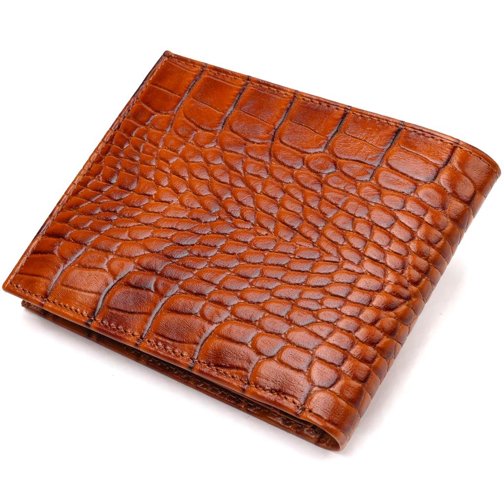 Teksturowany portfel męski bez zapięcia w formacie poziomym wykonany ze skóry naturalnej z wytłoczeniem krokodyla CANPELLINI 21761 Brązowy