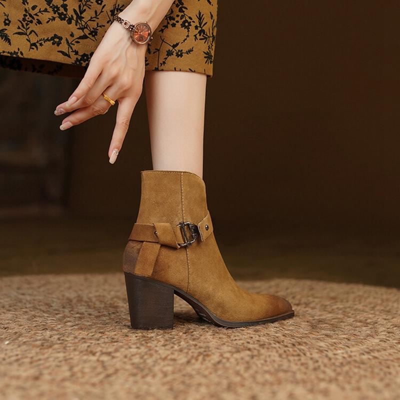 Fashion NEW Autumn Women Boots Pointed Toe Chunky Shoes Women Cow Suede Black Shoes Women Concise Western Boots Cowboy Boots for Women