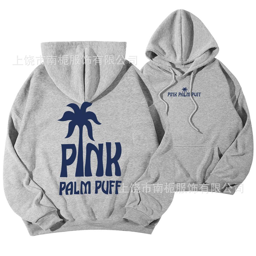 Women's Hooded Long Sleeve Drop Shoulder Pullover Sweatshirt Palm Tree "PINK PALM PUFF" Back Letter Print Casual Hoodie