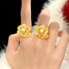 Rose Flower Ring: Gold-tone, Faux Pearl, Diamond Accent, Adjustable Index Finger Jewellery