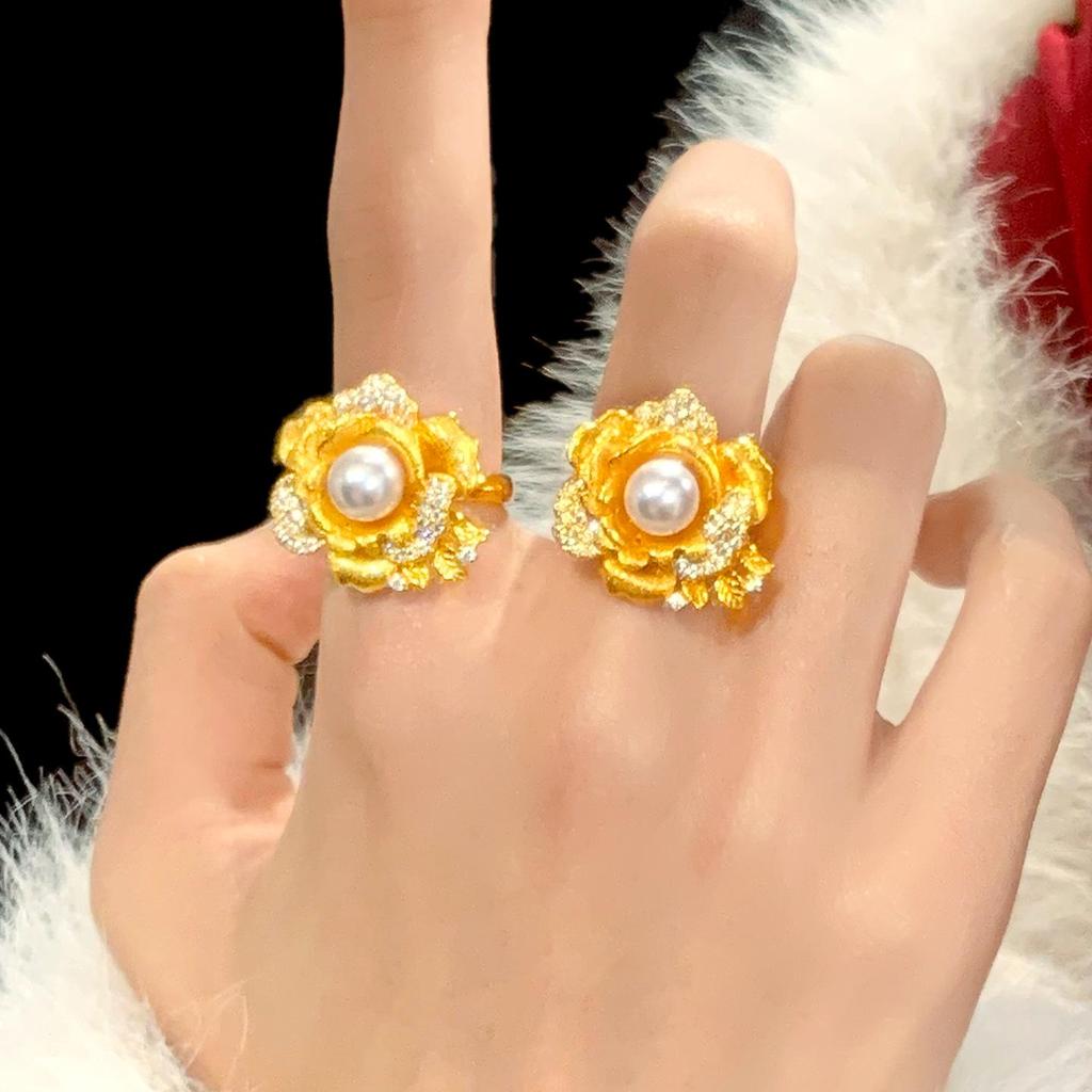 Rose Flower Ring: Gold-tone, Faux Pearl, Diamond Accent, Adjustable Index Finger Jewellery
