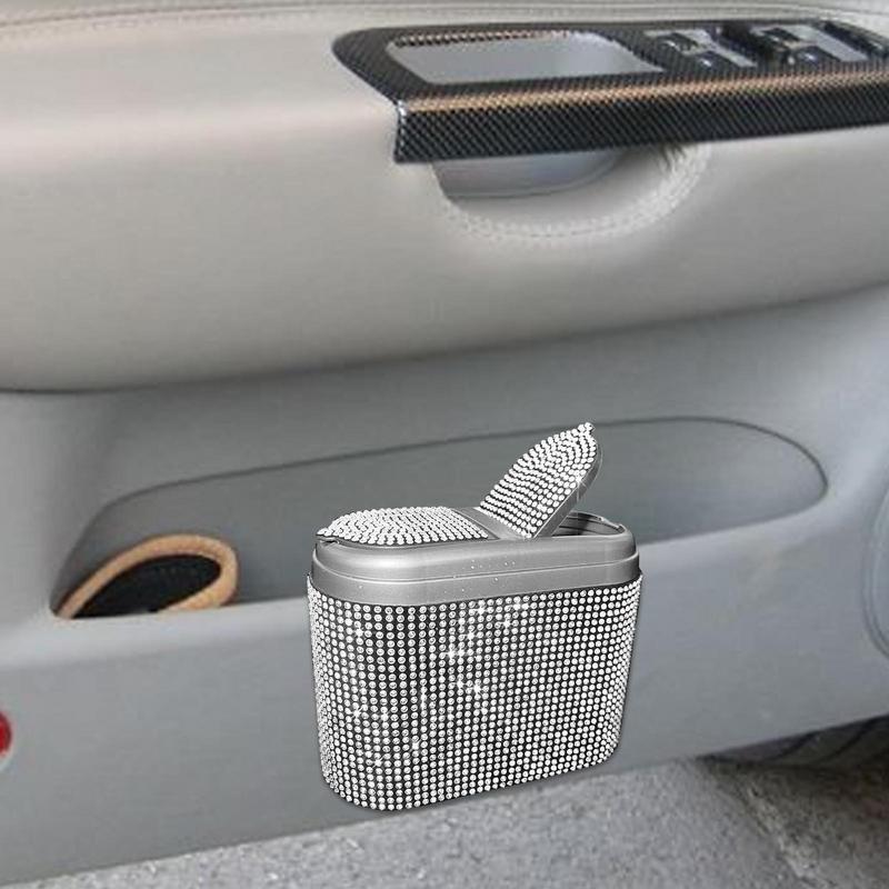 Car Garbage Can Elegant Rhinestone Design Car Trash Can With Lid Multifunctional Front Seat Garbage Bin Multipurpose Organizers