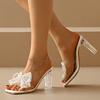 Fashion Crystal Heel Flip-Flops Summer New Square Toe Open Toe Lace Pearl Bow Block Heel Shoes