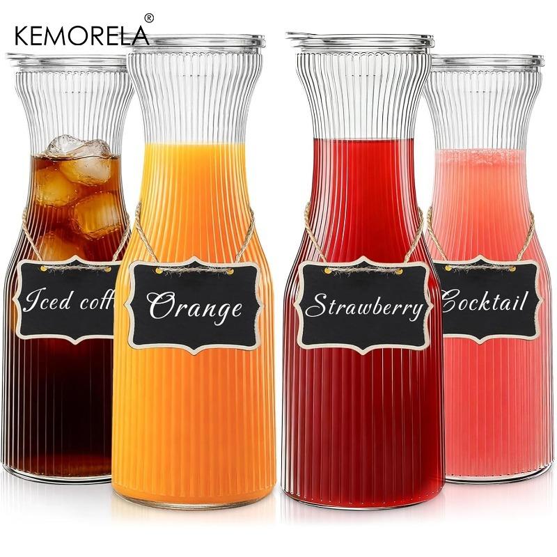 4PCS Ribbed 1L Glass Carafe with Lid Juice Carafe for Bar Parties Beverage Serveware Cold Brew Coffee Milk Lemon 4 Chalkboards 1000ML