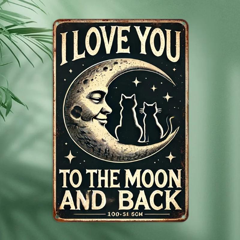 Metal Tin Sign Love Moon and Back Vintage Wall Art Decor Waterproof Pre Drilled Holes