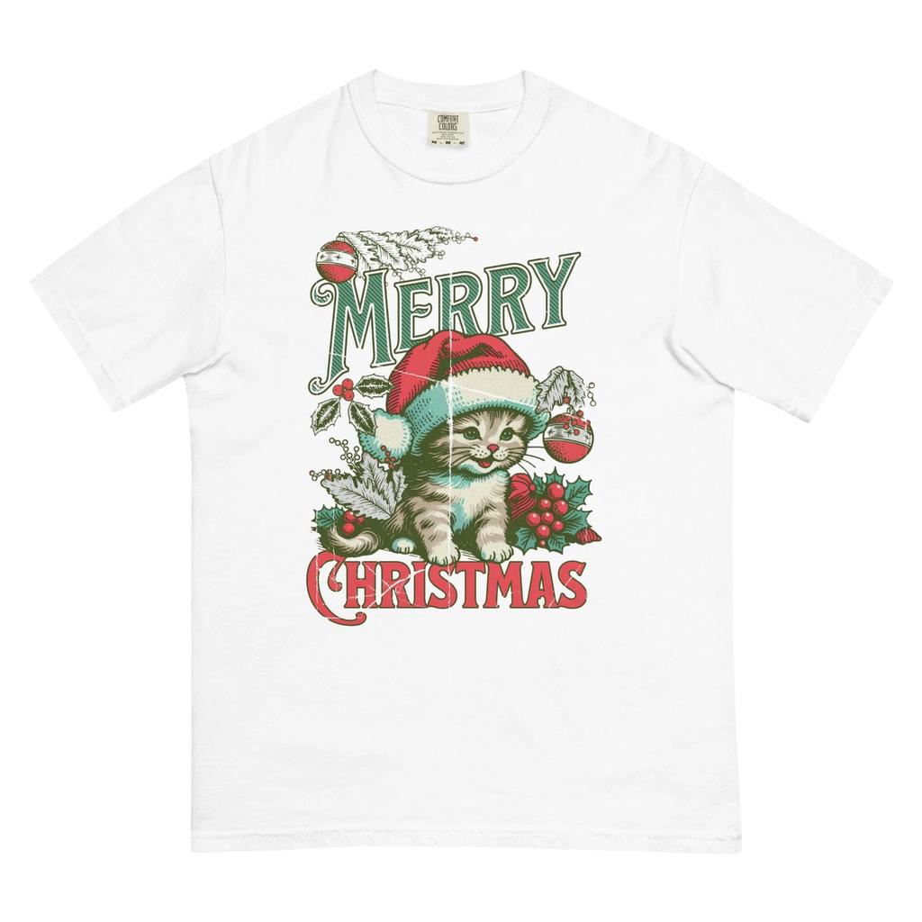 VINTAGE CHRISTMAS CAT WHITE COTTON T-SHIRT