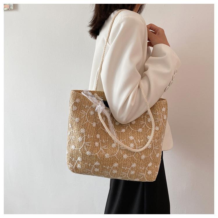 Summer New Korean Version Lace Straw Woven Large-capacity Tote Bag Portable Shoulder Shopping Bag Perfect for Everyday Use, Travel & Beach Outings