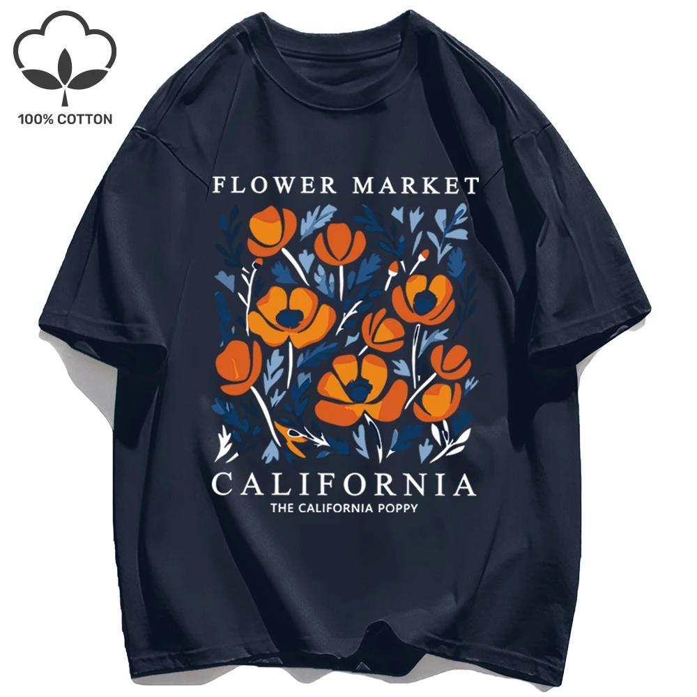 Yellow Flowers Market California Print T-Shirt Woman Soft Cotton Tee Top O-Neck Casual T Shirt Crewneck Sports Short Sleeve