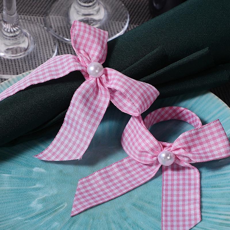 12Pcs Striped Bowknot Tie Napkin Rings Satins Fabric Pearls Embellishment Dining Table Decoration Desktop Accessories HX6C