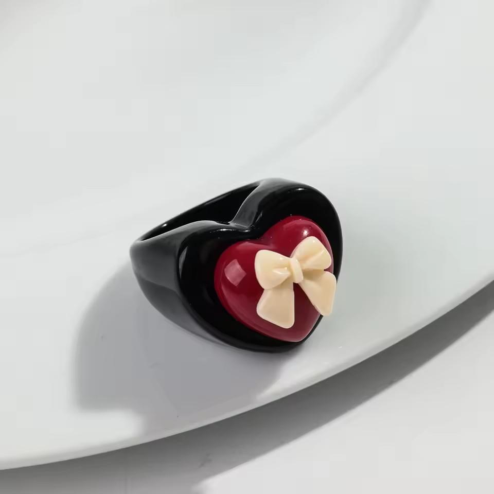 Cute Chunky Heart Acrylic Finger Rings for Women Trendy Multicolor Resin Love Bowknot Stack Ring for Women Party Jewelry Gifts