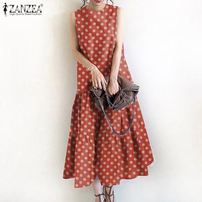 Women Casual O-neck Sleeveless Polka Dot Print Long Dress