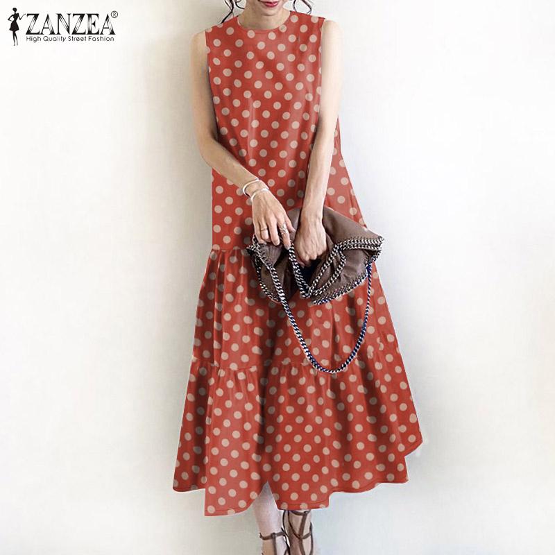 ZANZEA Women Casual O-neck Sleeveless Polka Dot Print Long Dress