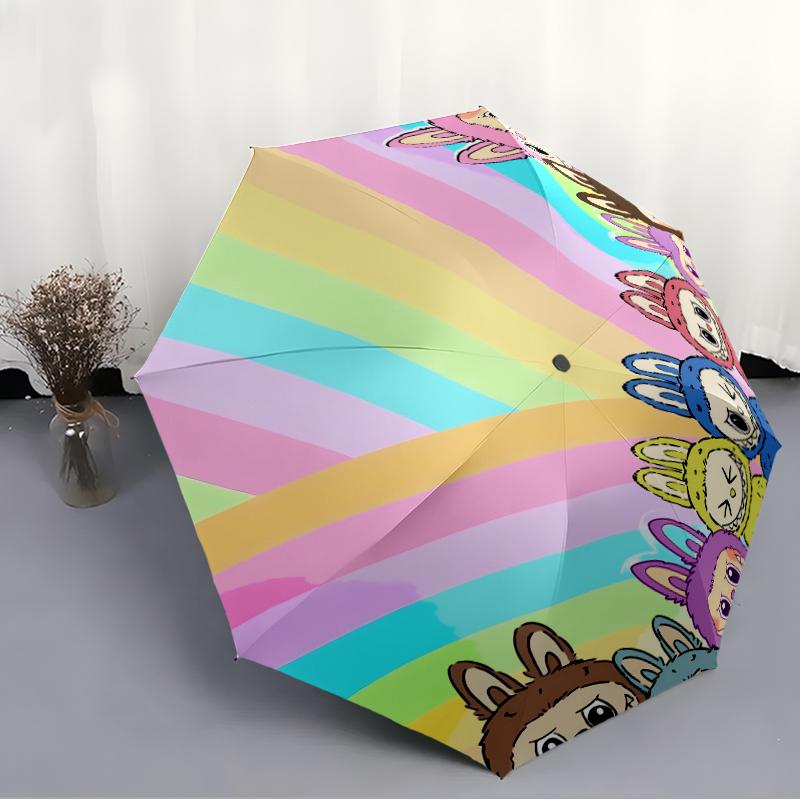 Labubu1 Print Automatic Umbrella, 8 Rib Iron Frame, Plastic Handle, Suitable for Outdoor Travel &Daily , Ideal Gift