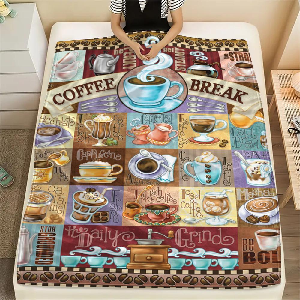 1Pc Coffee Print Flannel Blanket, High quality Comfortable for All Seasons, Home Decor, Warmth and Comfort, Perfect for Gifts