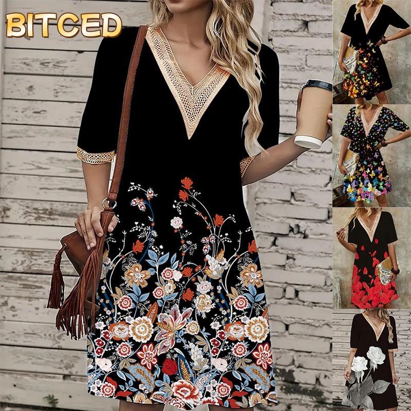 BITCED Moda Yaz Bahar Kısa Kollu V Yaka Günlük Elbiseler