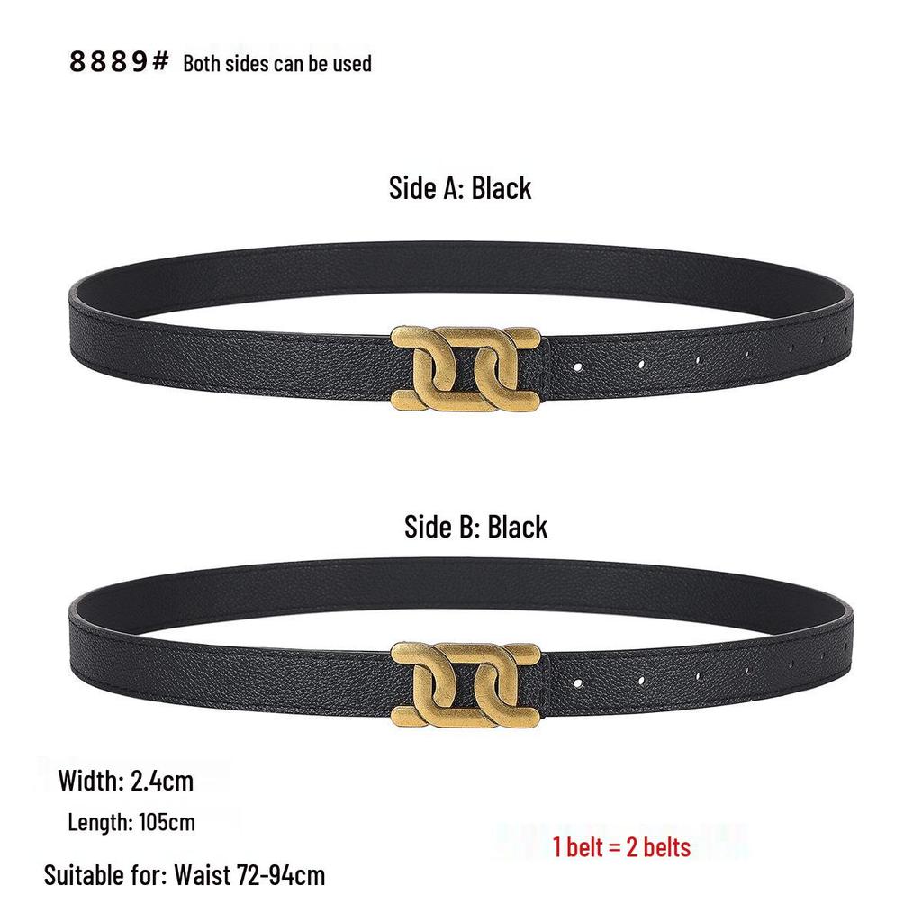 Smooth Buckle Black Lychee Grain Dual-Use Women's Leather Belt