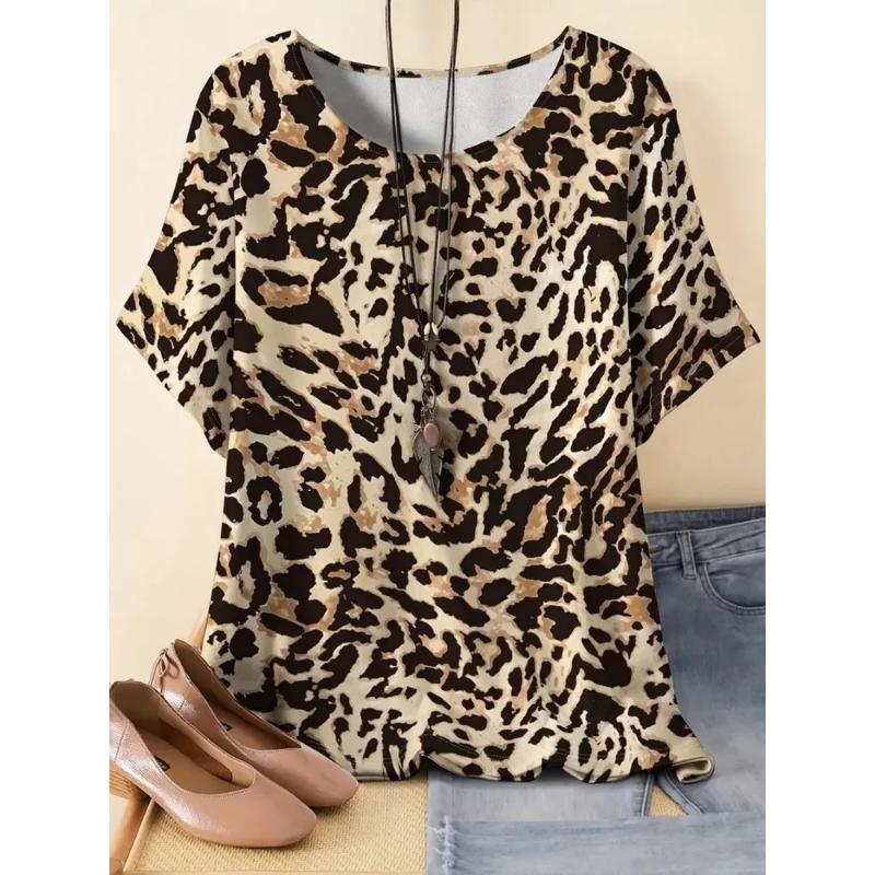 Fashion Women's 3D Color Printing Crew Neck Short Sleeve Loose and Skinny Crew Neck T-Shirt