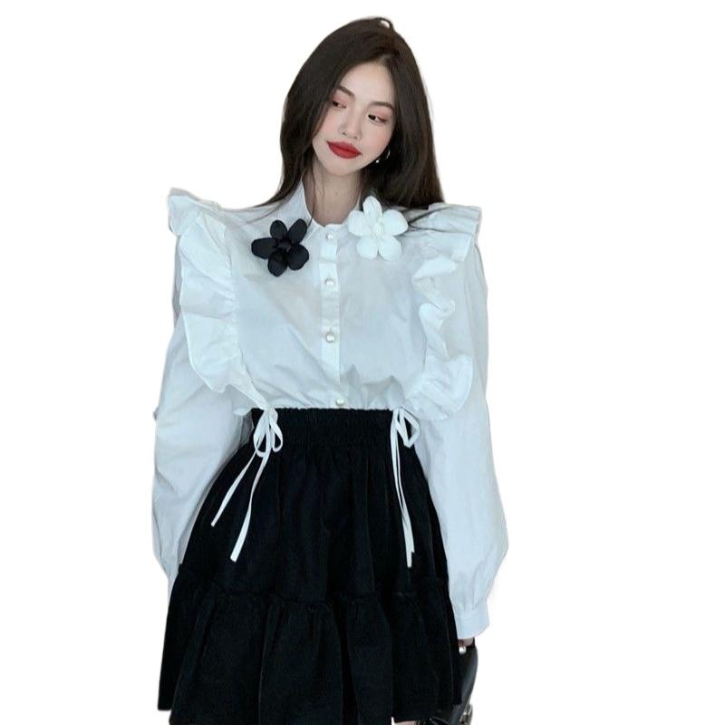 3D Floral Women's Shirt Korean Version Loose Turndown Collar Ruffle Design Single Breasted Lady Blouse Spring Casual Daily Famale Long Sleeved Top