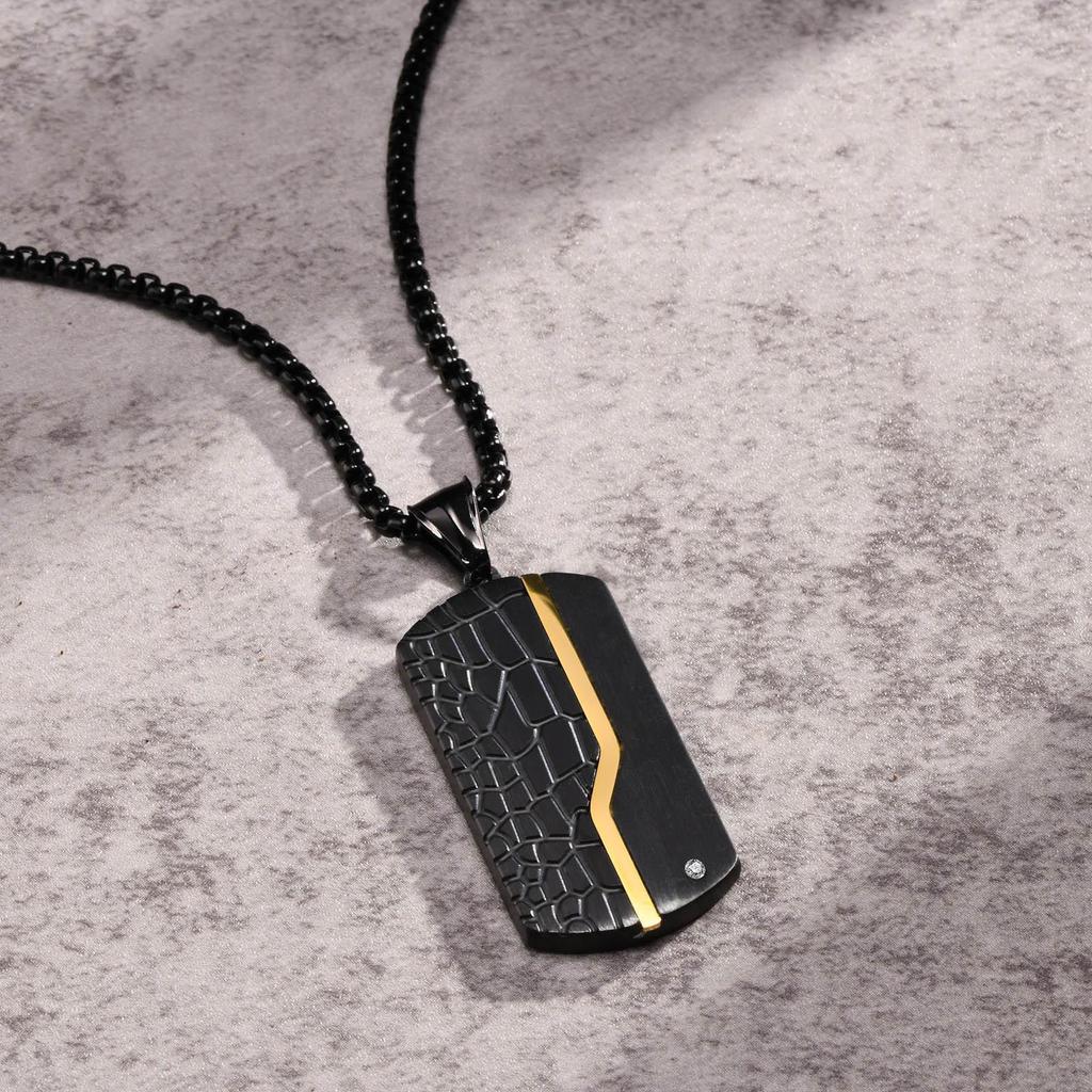 Engravable Black Titanium Steel Dog Tag Pendant Necklace with White Zircon