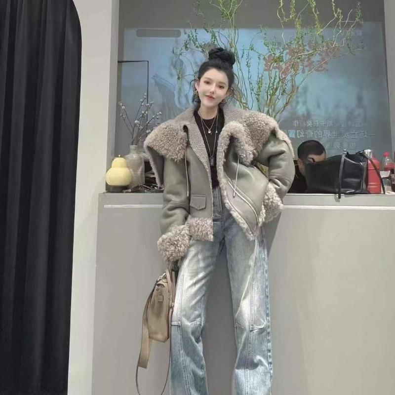 

Осень и зима новая женская меховая куртка с мехом, короткая модная куртка-локомотив из искусственной овечьей шерсти Kusa 2XL 135-150 серый