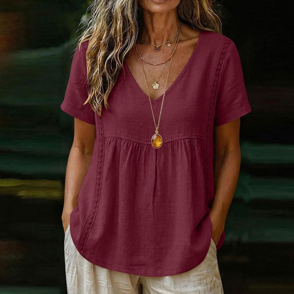 Women Embroidered Short Sleeve V Neck Relaxed Fit Pleated Pullover Blouse Summer Casual Loose Top for Daily Wear
