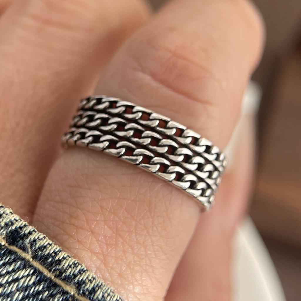 925 Sterling Silver Rings for Women Couple Minimalist Handmade Simple Wide Retro Chain Ring Fine Jewelry Gift Prevent Allergy