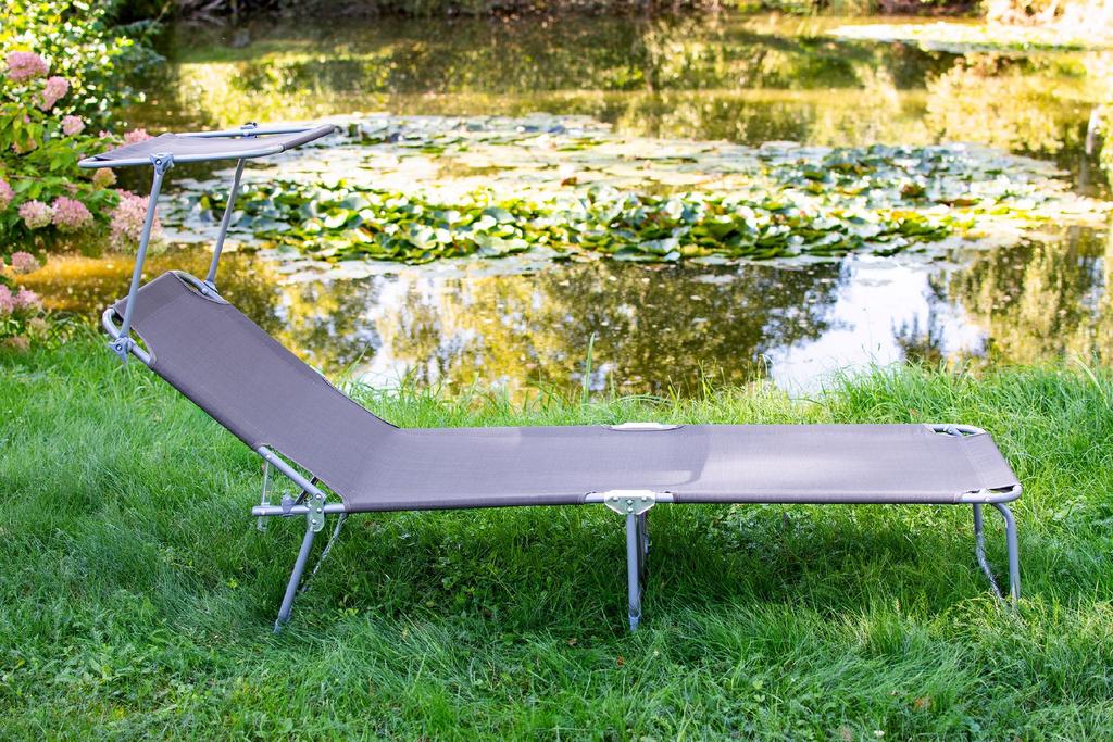 Foldable Garden Lounge With Roof Grey Steel Beach Chair Sun Chair