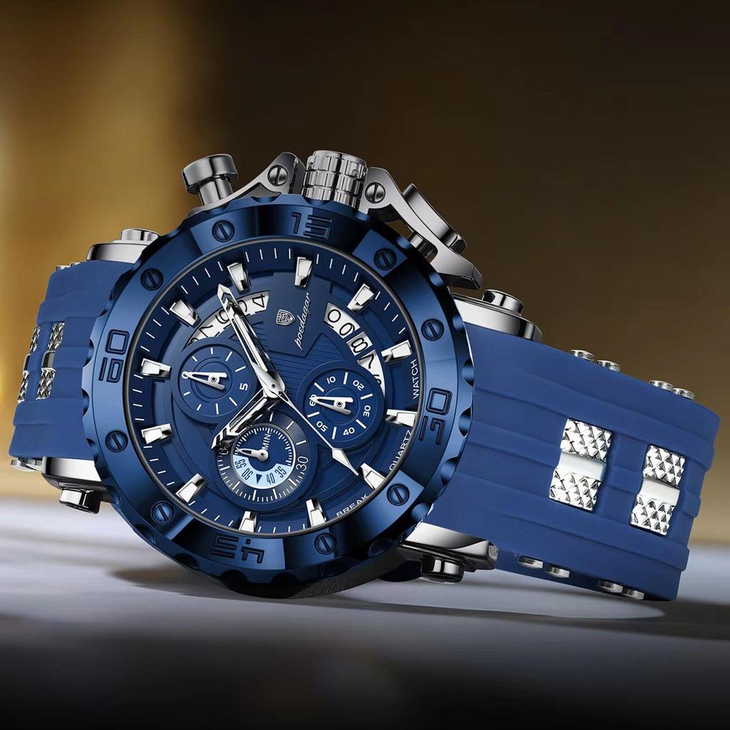 POEDAGAR Men's Silicone Band Sport Watch Chronograph Quartz Waterproof Luminous Hands Casual Wristwatch Male Gift