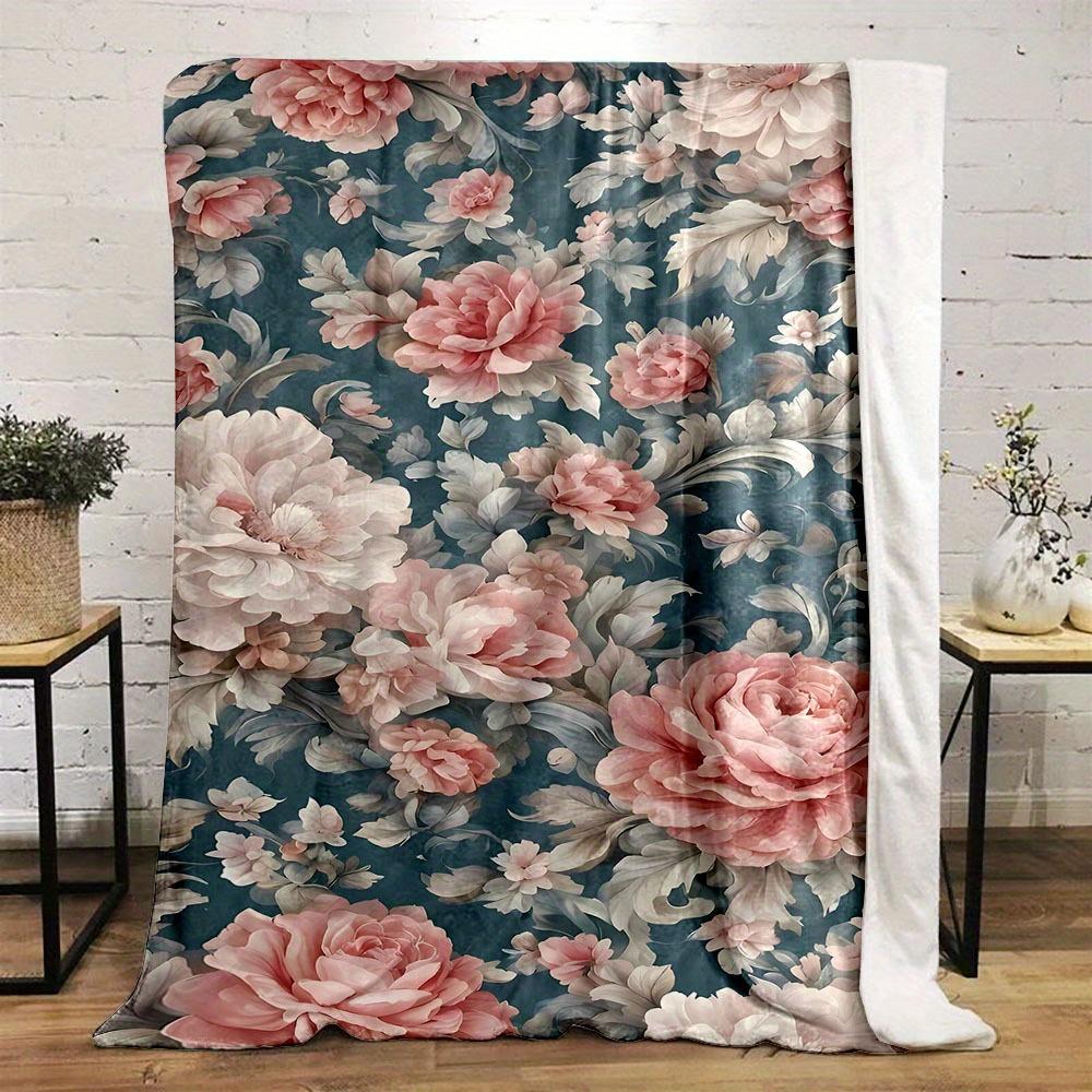 1pc Contemporary Reversible Polyester Flannel Throw Blanket - Digital Print Blossoming Flowers Pattern, All-Season Cozy Office