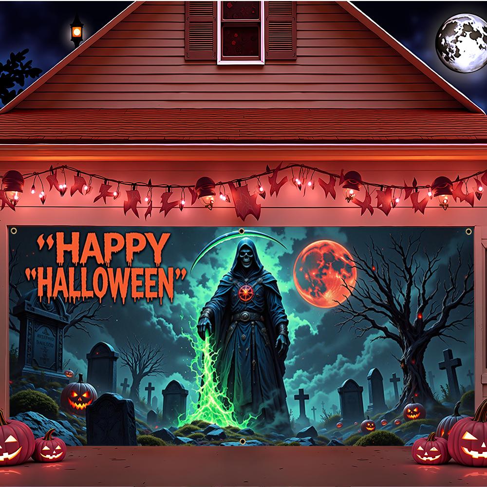 Large Halloween Grim Reaper Garage banner - Eerie cemetery scene with Jack-o '-lanterns durable polyester wall decorations