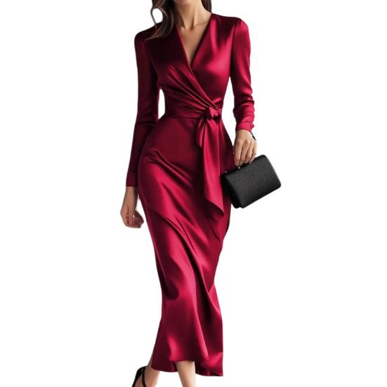 

Жіноча сукня-халат міді з атласу, шовковиста, з довгим рукавом, V-подібним вирізом, на поясі, офіційна сукня, для коктейльної вечірки, сукня для гості на весілля S червоний