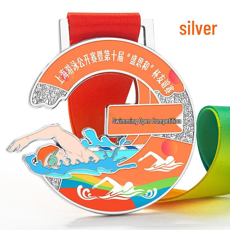 Custom Children s Swimming Championship Gold Medal Plaque серебряный