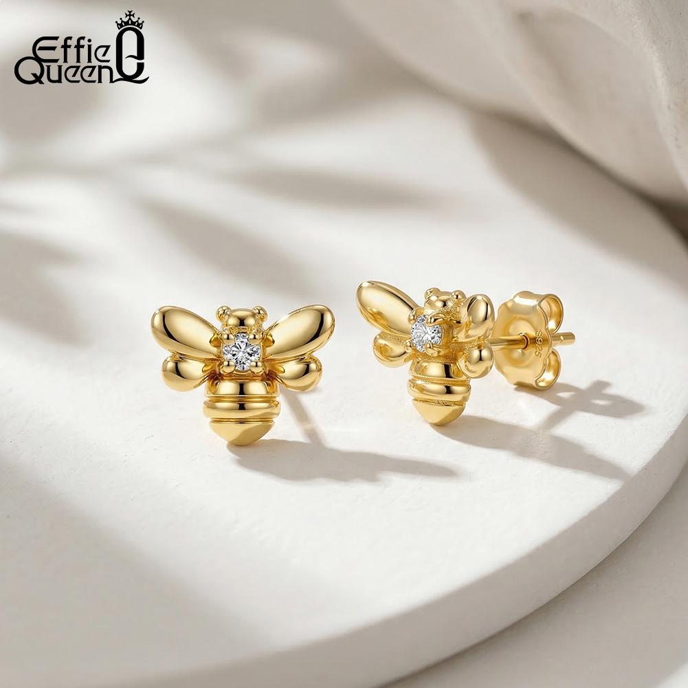 Effie Queen 925 Sterling Silver Cute Insect Bee Stud Earrings Cubic Zircon Animal Bee CZ Earring Wedding Party Jewelry APE155
