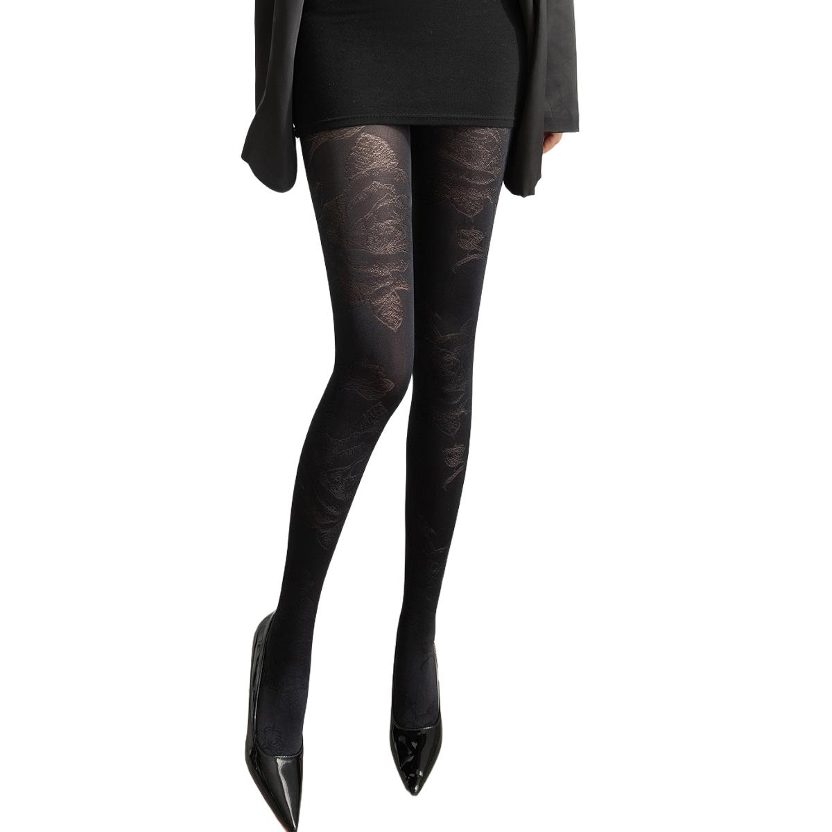 Herbst Winter Vintage Retro Stil Damen Rose Jacquardmuster Strumpfhose Halbtransparent Vintage Blumenmuster Nylonstrumpfhose Mode One Size black